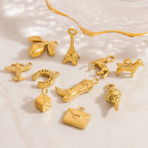 Stainless Steel 18K Gold Plated Tiny Pendants For Jewelry Making DIY Charms Dice Horse Plane Eiffel Tower Mini Accessories