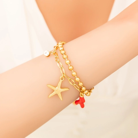 Pulsera de Doble Capa de Acero Inoxidable con Dije de Estrella de Mar y Coral Oro Diamantes de Imitación Joyería de Mar