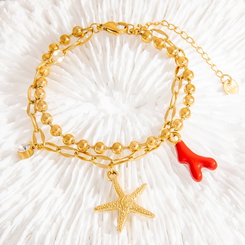 Pulsera de Doble Capa de Acero Inoxidable con Dije de Estrella de Mar y Coral Oro Diamantes de Imitación Joyería de Mar