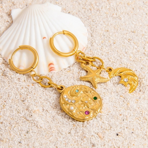 Bohemian Asymmetric Hoop Earrings 18K Gold Plated Stainless Steel Starfish Sun Moon Charms Summer Beach Jewelry For Women