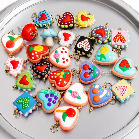 Stainless Steel Glass Heart Mushroom Fruit Pendant For Jewelry Making Hand Painted Enamel Charm Dopamine Style DIY Accessory