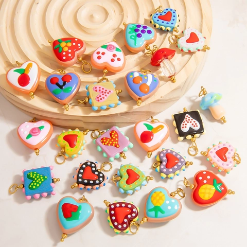 Stainless Steel Glass Heart Mushroom Fruit Pendant For Jewelry Making Hand Painted Enamel Charm Dopamine Style DIY Accessory