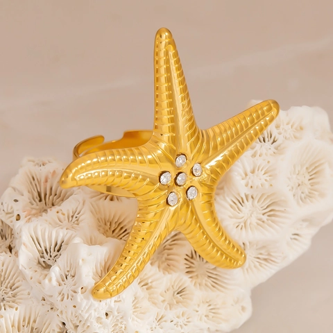 Zeester Ring Roestvrij Staal 18K Verguld Zirconia Verstelbaar Open Ring Mode Oceaan Stijl Sieraden Voor Dames