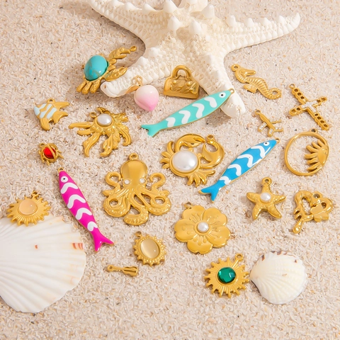Stainless Steel DIY Jewelry Accessories Summer Ocean Series Octopus Crab Sea Horse Pendants 18K Gold Plated Enamel Charms For Necklace Making