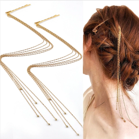 Minimalist Gold Tassel Hair Chain Bobby Pins For Women Long Metal Chain Headpiece Fringe Hair Clip Party Jewelry