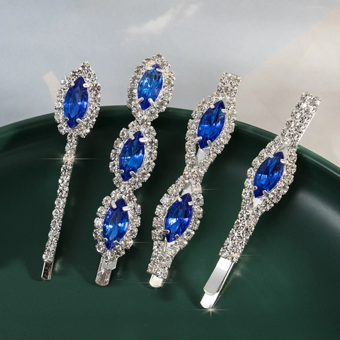 Exquisite Zinc Alloy Rhinestone Hair Clip Fashion Navette Blue Crystal Side Clip Hair Accessories For Women Daily Party Wedding Elegant Headwear