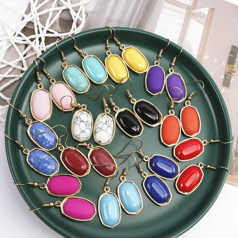Vintage Gold Plated Alloy Drop Hook Earrings For Women Fashion Simple Marble Stone Geometric Rhombus Earrings Jewelry