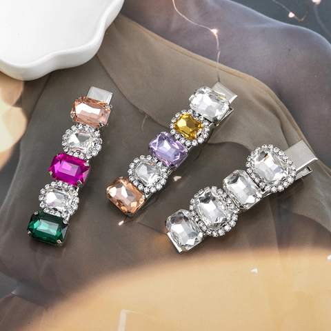 Sweet Baroque Square Rhinestone Duckbill Hair Clip Alloy Colorful Resin Crystal Bangs Clip Women Accessories
