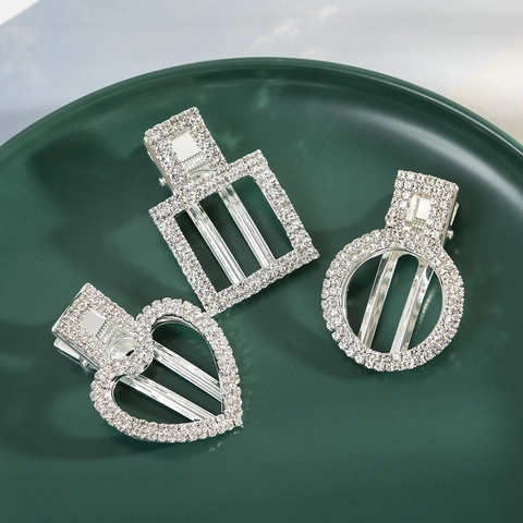 Korean Style Silver Alloy Rhinestone Hair Clips Geometric Heart Round Square Duckbill Clips Elegant Fashion Hair Accessories For Women