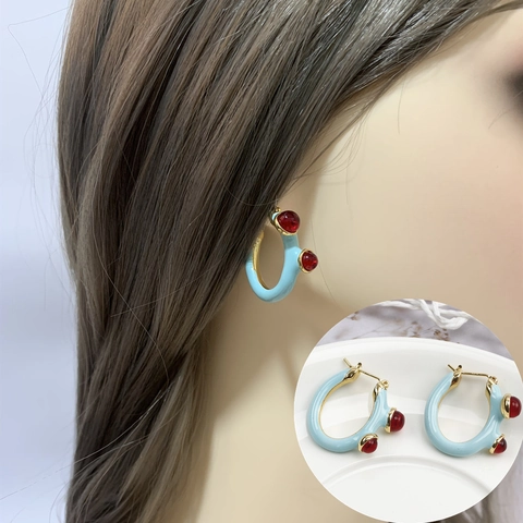 Franse Vintage Contrast Kleur Emaille C Hoop Oorbellen Verguld Geometrische Blauw Rode Hars Kraal Oor Gesp Voor Vrouwen Sieraden