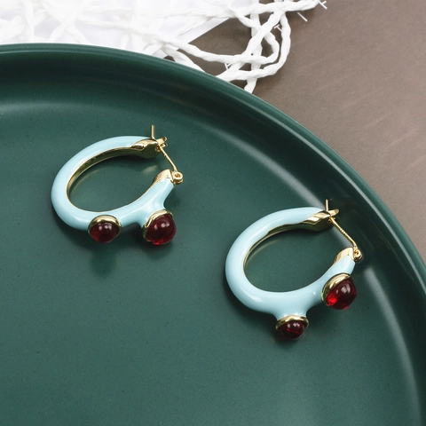 Franse Vintage Contrast Kleur Emaille C Hoop Oorbellen Verguld Geometrische Blauw Rode Hars Kraal Oor Gesp Voor Vrouwen Sieraden