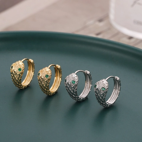 Pendientes de Aro de Serpiente Punk Vintage de Aleación con Zirconia Verde Ojo de Esmeralda Joyería Gótica Hombre Mujer