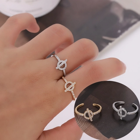 Minimalist Geometric Copper Open Ring For Women Elegant Micro-inlaid Rhinestone Circle Bar Adjustable Fashion Jewelry Gift