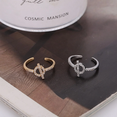 Minimalist Geometric Copper Open Ring For Women Elegant Micro-inlaid Rhinestone Circle Bar Adjustable Fashion Jewelry Gift