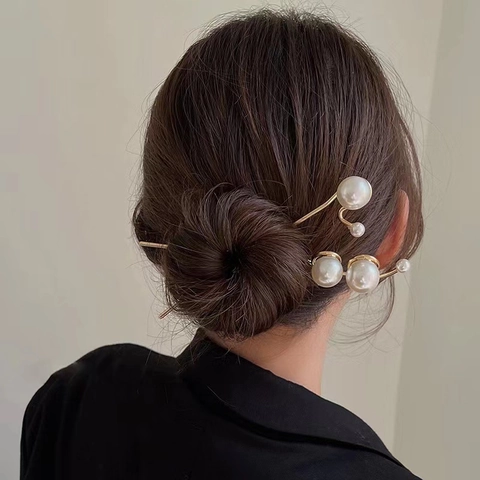 Vintage Goud Metaal Kunstparel Haarstokje Elegante Chinese Stijl Haarpeld Chignon Tool Voor Vrouwen Bruiloft Feest Sieraden
