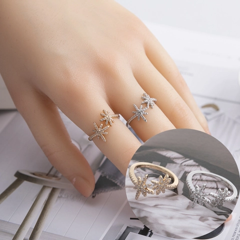 Koreanischer Stil Kupfer Stern Offener Ring Für Damen Mikro Zirkonia Hexagramm Einstellbarer Ring Gold Silber Galvanisiert