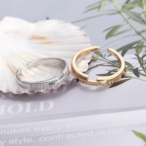 Anillo Abierto de Cobre Con Micro Diamantes de Imitación para Mujer Diseño Geométrico Ajustable Anillo de Dedo Oro Plata Joyería