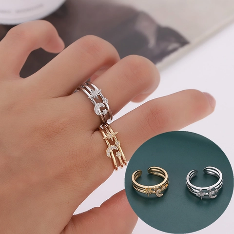 Mode Kupfer Stern Mond Mikro Eingelegter Zirkonia Ring Für Damen Minimalistisch Personalisiert Verstellbarer Fingerring