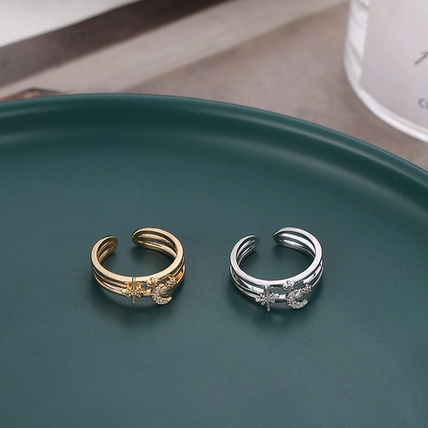 Mode Kupfer Stern Mond Mikro Eingelegter Zirkonia Ring Für Damen Minimalistisch Personalisiert Verstellbarer Fingerring