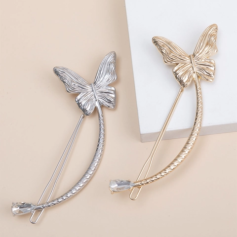 Elegante Molletta per Capelli a Farfalla in Metallo Coreano Oro Argento Barretta a Mezzaluna Curva Strass Donna Gioielli