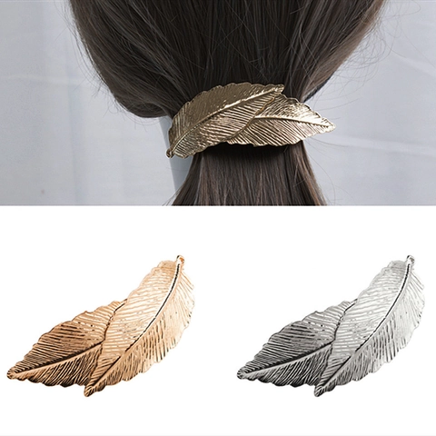Fermaglio per Capelli a Foglia di Metallo Vintage Elegante Clip a Molla in Lega Galvanizzata Accessorio Coda di Cavallo per Donna Oro Argento