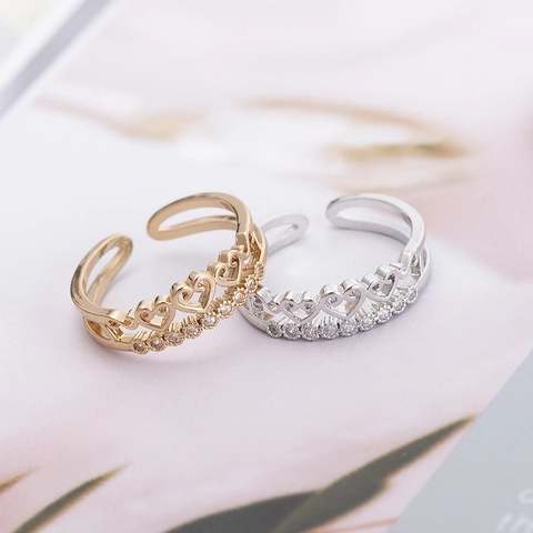 Fashion Copper Heart Crown Open Ring For Women Elegant Electroplated Rhinestone Adjustable Finger Ring Simple Commuting Jewelry