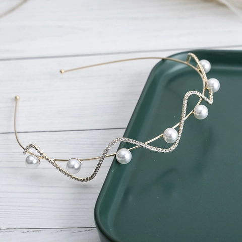 Eleganter Wellen Künstliche Perlen Strass Haarreif Legierung Metall Wellenförmiger Haarschmuck Für Damen Hochzeit Party Brautschmuck