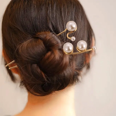 Horquilla de Pelo Elegante de Aleación Con Perla Artificial Dorado Chino Retro Minimalista Pasador de Pelo Joyería Para Mujer