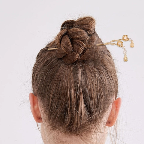 Bastoncino per Capelli in Lega con Perle Artificiali Stile Cinese Vintage Oro Fiore Foglia di Ginkgo Nappa Gioiello Tradizionale