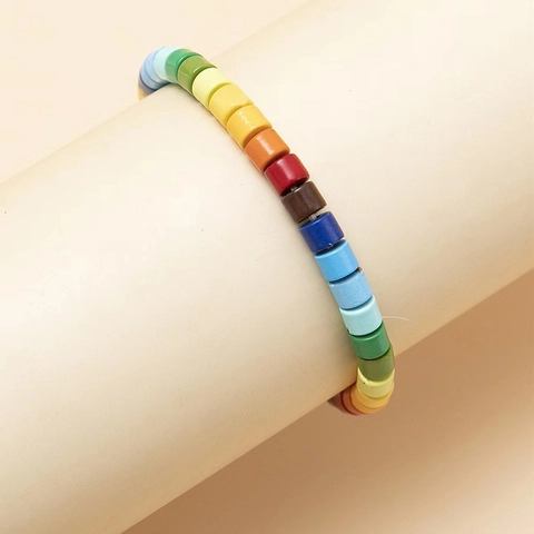 Boho Regenbogen Mehrfarbig Zylindrische Perlen Armband Mode Lackiertes Kupfer Perlen Elastischer Armreif Für Damen Süßer Sommerschmuck