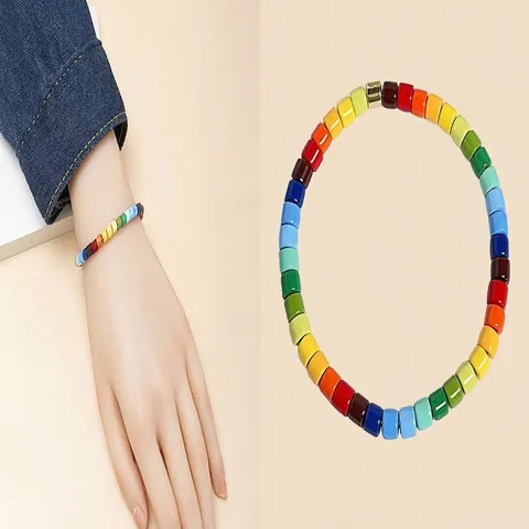 Boho Regenbogen Mehrfarbig Zylindrische Perlen Armband Mode Lackiertes Kupfer Perlen Elastischer Armreif Für Damen Süßer Sommerschmuck