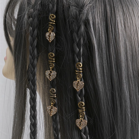 Gold Alloy Rhinestone Heart Braid Rings Spiral Hair Cuffs For Dreadlocks Braid Charms Vintage Hollow Heart Hair Jewelry