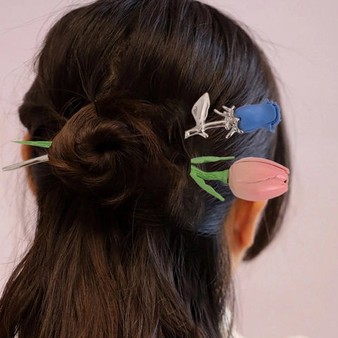 Bastoncino per Capelli in Lega con Tulipano e Rosa Semplice ed Elegante per Donna Forcina per Capelli dal Design Floreale