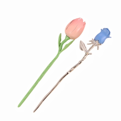 Bastoncino per Capelli in Lega con Tulipano e Rosa Semplice ed Elegante per Donna Forcina per Capelli dal Design Floreale