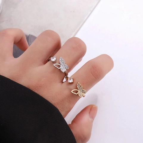 Eleganter Kupfer Schmetterling Offener Ring Für Damen Luxuriöser Strass Eingelegter Verstellbarer Fingerring Modeschmuck Geschenk
