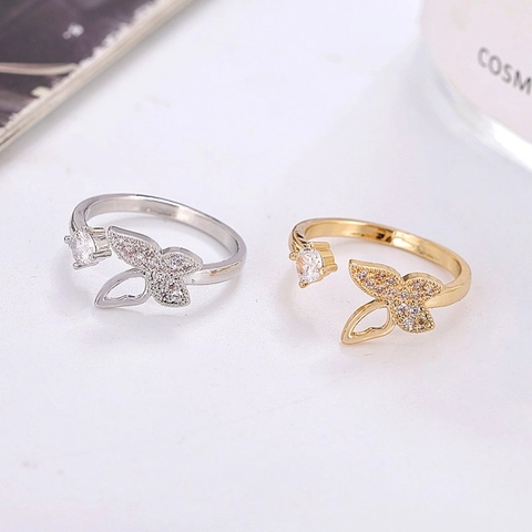 Eleganter Kupfer Schmetterling Offener Ring Für Damen Luxuriöser Strass Eingelegter Verstellbarer Fingerring Modeschmuck Geschenk
