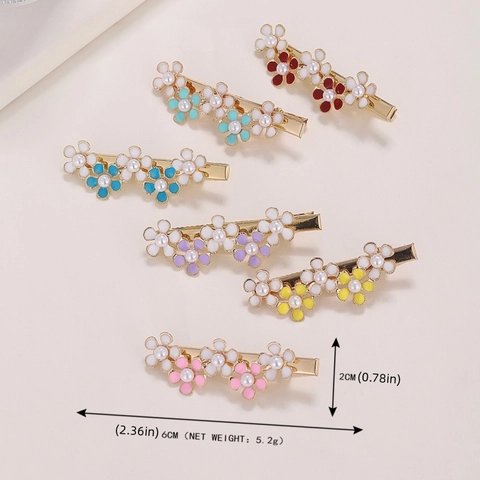 Sweet Korean Style Alloy Flower Hair Clip With Faux Artificial Pearl Enamel Daisy Duckbill Clip Women Daily Decorative Hair Jewelry