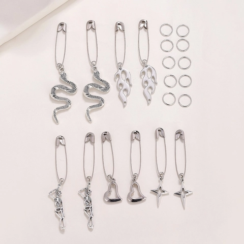 Gothic Punk Silver Alloy Safety Pin Hair Clips Set Snake Skeleton Heart Flame Cross Charms For Bag Shoes Decoration Unisex