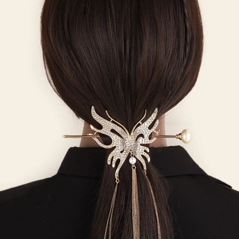 Eleganter Koreanischer Stil Metall Schmetterling Haarnadel Lange Quaste Kette Strass Künstliche Perle Retro Haarschmuck Damen