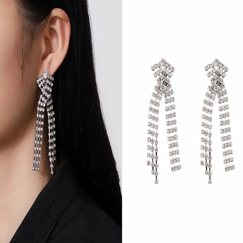 Elegant Alloy Rhinestone Long Tassel Earrings Geometric Cross Claw Chain Drop Earrings With Stainless Steel Post For Women