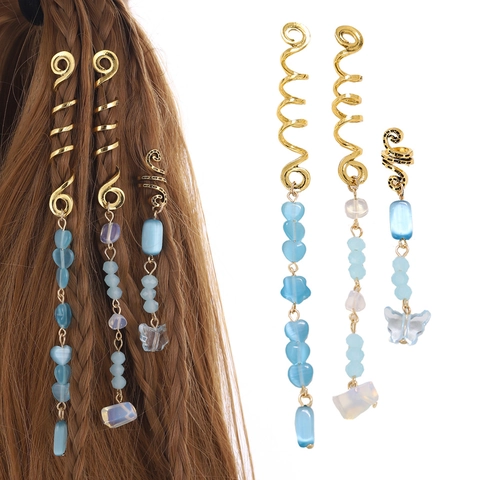 Ethnic Gold Alloy Spiral Dreadlock Charms Set Butterfly Heart Pendant Blue Beads Hair Braiding Rings For Women Boho Hair Jewelry