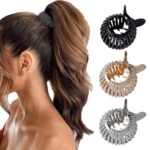 Pinza para el Cabello de Aleación con Strass Forma Nido de Pájaro Hueco Redondo Sujetador de Coleta para Mujer Accesorios