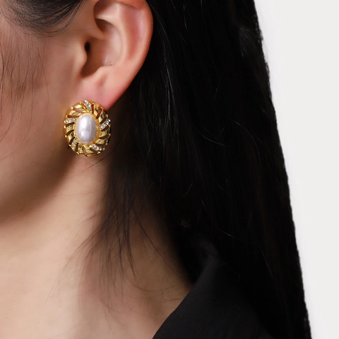 Vintage Vergulde Legering Ovaal Kunstparel Oorknopjes Met Strass Accent Retro Paleisstijl Voor Vrouwen Sieraden