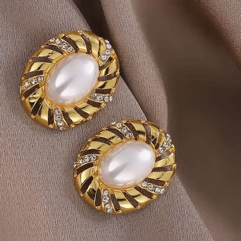 Vintage Vergulde Legering Ovaal Kunstparel Oorknopjes Met Strass Accent Retro Paleisstijl Voor Vrouwen Sieraden