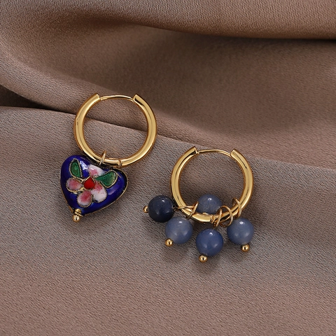 Pendientes Colgantes Vintage Corazón Esmalte Flor Asimétricos Borla para Mujer Estilo Étnico Retro Poste Inoxidable