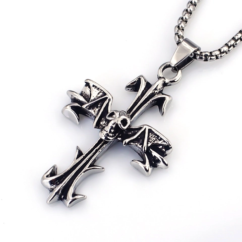 Vintage Stainless Steel Gothic Skull Cross Pendant Necklace For Men Women Retro Bat Wing Alloy Hip Hop Punk Jewelry Gift