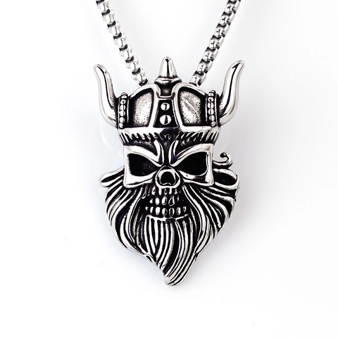 Collana con Pendente a Teschio Vichingo in Acciaio Inossidabile Retrò per Uomo Gioielli Punk Gotici Guerriero Nordico Catena Argento Antico