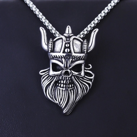 Collana con Pendente a Teschio Vichingo in Acciaio Inossidabile Retrò per Uomo Gioielli Punk Gotici Guerriero Nordico Catena Argento Antico