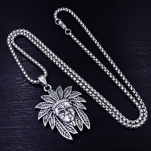 Collar de Colgante de Cabeza de Jefe Indio de Acero Inoxidable para Hombre Retro Punk Tribal Lobo Águila Joyería de Animal