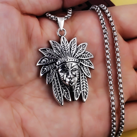 Collar de Colgante de Cabeza de Jefe Indio de Acero Inoxidable para Hombre Retro Punk Tribal Lobo Águila Joyería de Animal